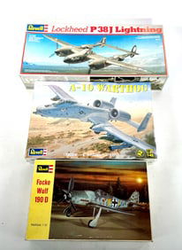 3 Revell Model Plane Kits Focke Wulf 190-D/P-38J Lightning/A-10 Warthog