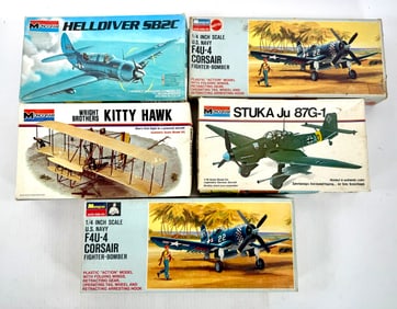 5 Monogram Model Kits (2) F4U-4 Corsair Bomber/Kitty Hawk/Helldiver SB2C/Stuka Ju 87G-1