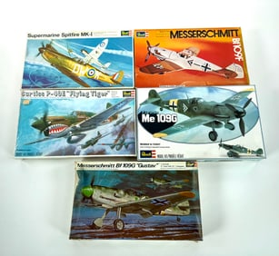 5 Revell Model Kits (2) Messerschmitt Bf109F/Supermarine Spitfire MK-I/Me 109G/Curtiss P-40E