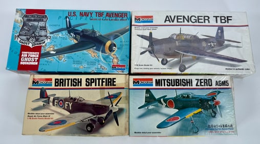 4 Revell Model Kits Avenger TBF/US Navy TBF Avenger/Mitsubishi Zero A6M/British Spitfire