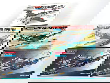 5 Monogram Model Kits British Spitfire 520 & 6801/Messerschmitt Me 109E/(2) Hawker Typhoon