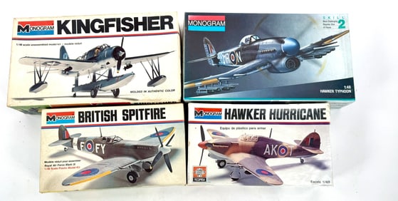 4 Model Plane Kits British Spitfire/Hawker Hurricane/Kingfisher/Hawker Typhoon