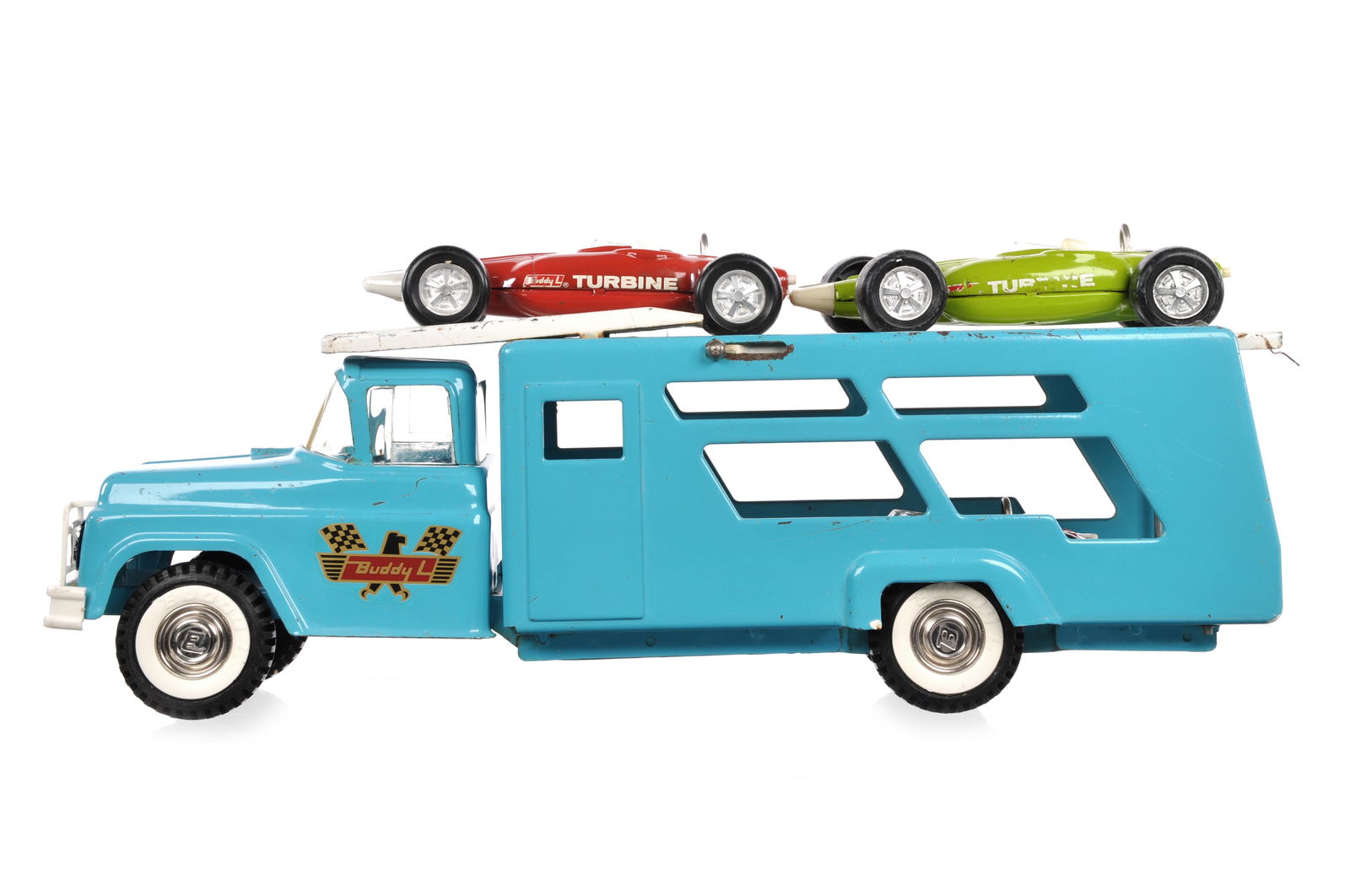 Buddy L Racing Car Carrier w/3 Buddy L Turbine Racers (1 of 8)