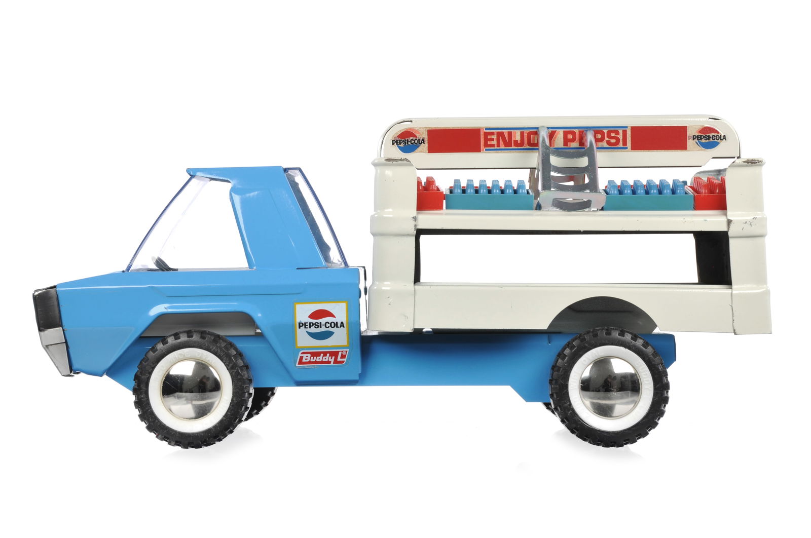 Buddy L Pressed Steel Pepsi Delivery Truck: This is a pressed steel Buddy L Pepsi-Cola delivery truck. It comes with two pressed steel dollies and eight cases of Pepsi for you to deliver. It measures approximately 15.25" L.