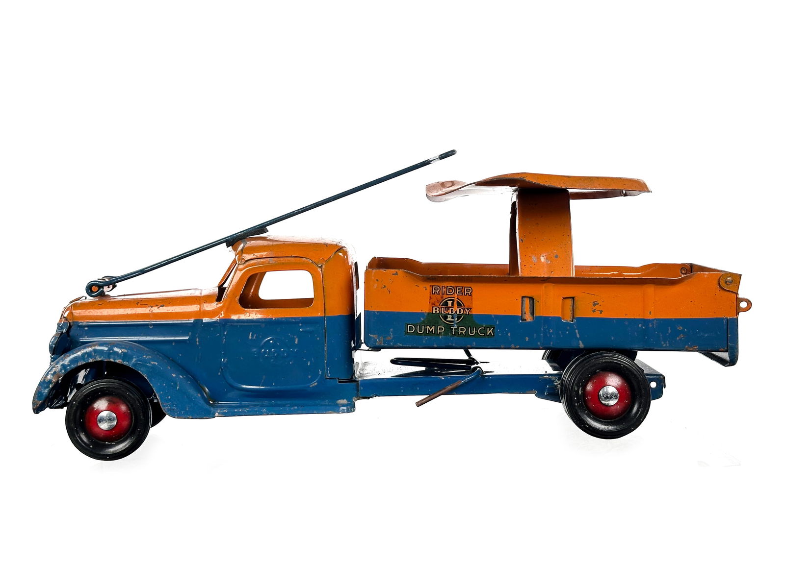 Buddy L Pressed Steel Rider Dump Truck: This is a pressed steel Buddy L dump truck. It measures approximately 21" L.