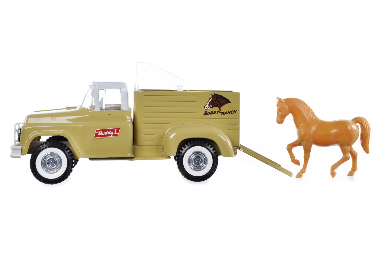 Buddy L Pressed Steel Buddy L Ranch Pony-Xpress Truck: This is a Buddy L pressed steel Buddy L Ranch Pony-Xpress truck. It comes with one horse and measures approximately 12.75" L.
