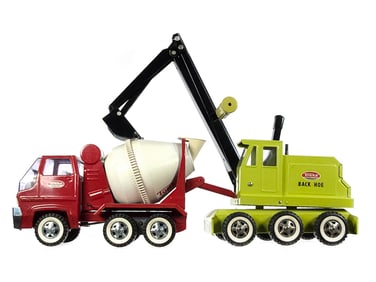 (2) Tonka Construction Vehicles Green Backhoe and Concrete Mixer