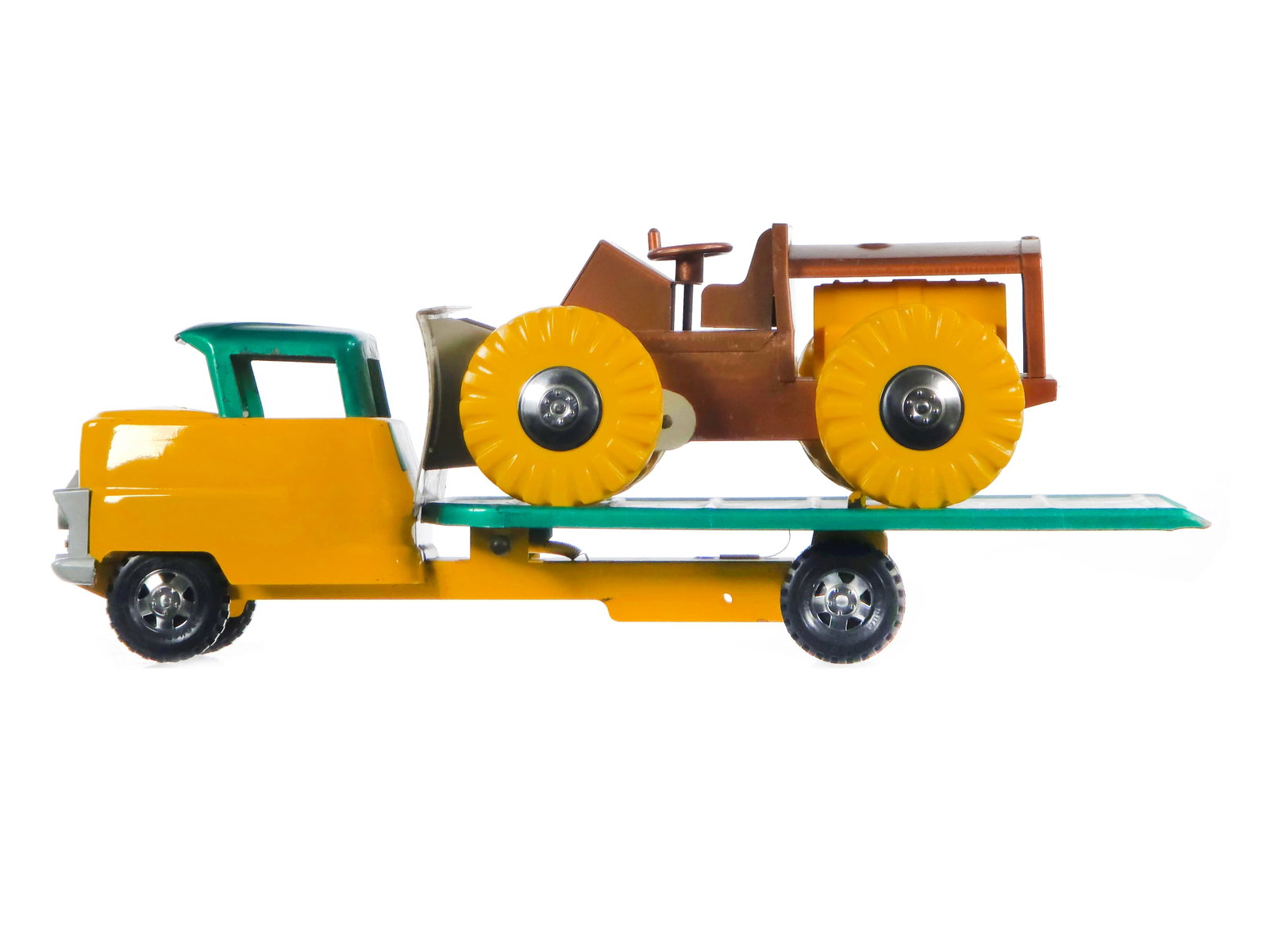 Structo #502 Tilt Bed Truck and Bull Dozer Set: This is a Structo No. 502 Tilt Bed Truck and Bulldozer set. The truck measures approximately 20" L, and the bulldozer measures approximately 10.5" L.