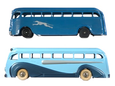 (2) Kingsbury Pressed Steel Windup Greyhound Buses