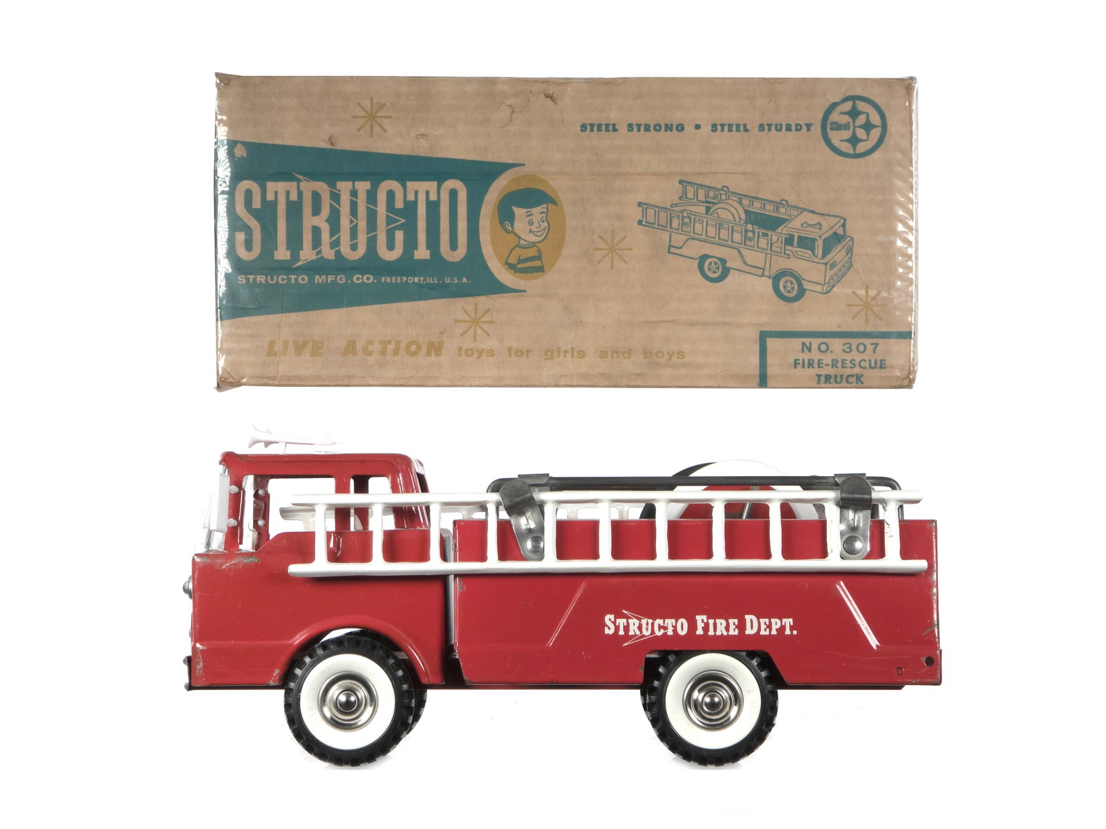 Structo No. 307 Fire Rescue Truck Boxed: This is a Structo No. 307 Fire Rescue Truck, boxed. It measures approximately 12" L.