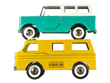(2) Structo Teal Jeep and Yellow School Bus