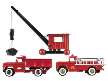 (3) Pressed Steel Toys: Dump Truck, Fire Truck, and Crane