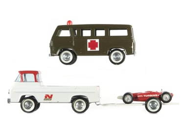 4 pc. Nylint Ford Ambulance Pickup Truck w/Trailer & Buddy L Turbine Racer