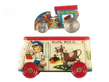 (2) Gong Bell Toys Ice Cream Cart & Dairy Delivery Truck