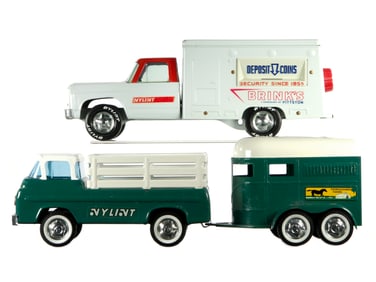 (2) Nylint Stake Truck w/Horse Trailer & Brinks Armored Truck Bank