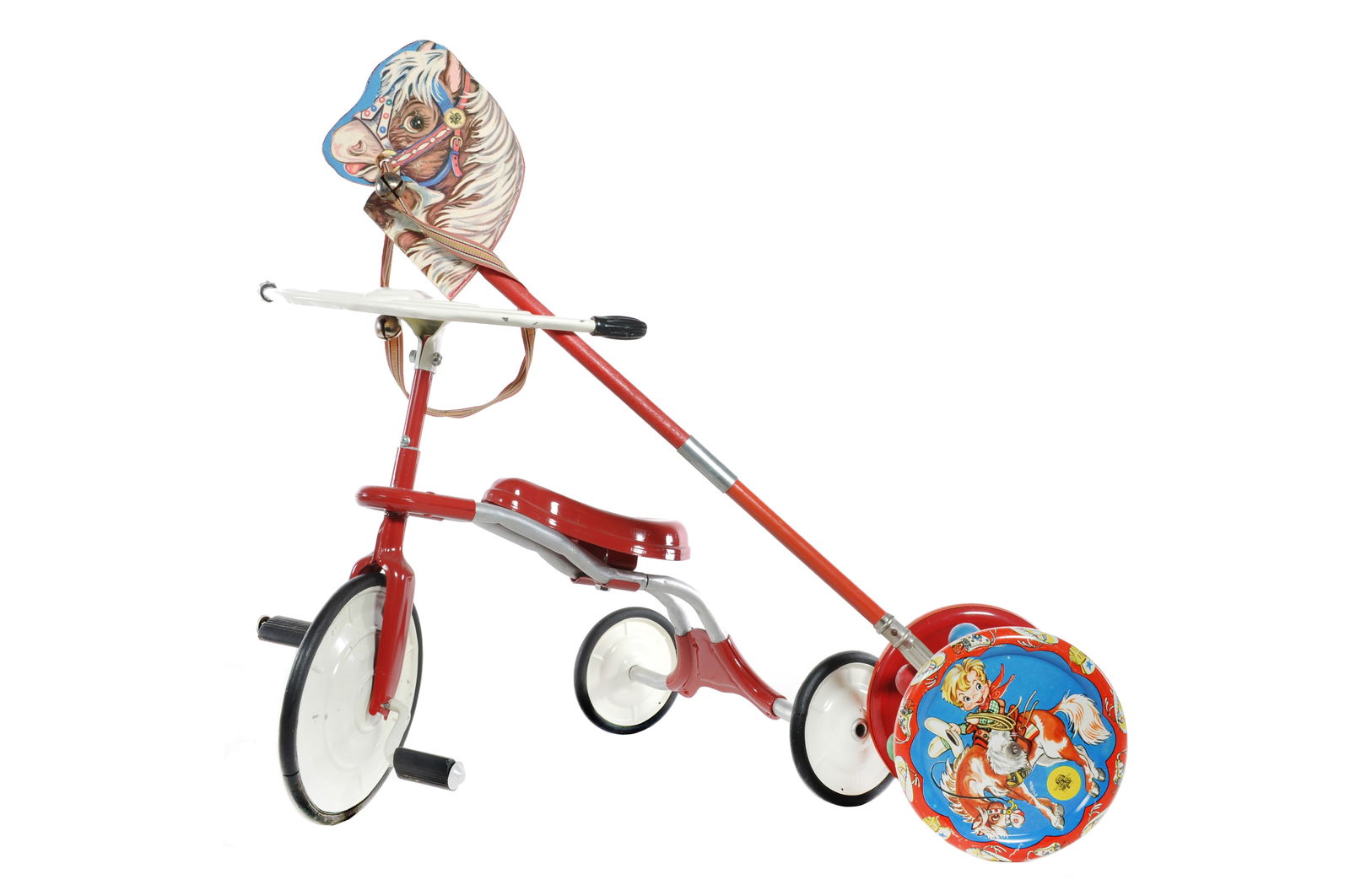 Gong Bell Stick Horse & Vintage Red Tricycle: This is an interesting and colorful Gong Bell ride-on stick horse and a vintage red tricycle (one handle is half missing). The stick horse measures approximately 30" L and the tricycle is approximatel