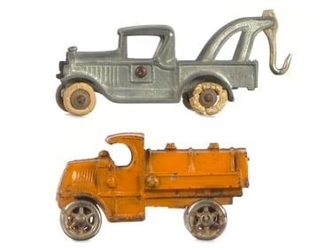 Dent Toys Aluminum Tow Truck and Hubley Cast Iron Gas Truck