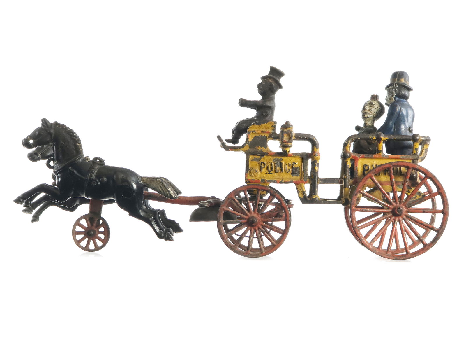 Rare Kenton Happy Hooligan Police Patrol Horse Drawn Wagon: Kenton horse-drawn "Happy Hooligan" Police Patrol wagon. The toy comes with proper driver and figures. Paintwork is aged with chipping. Bell still present. Wire must be replaced to move the police bat