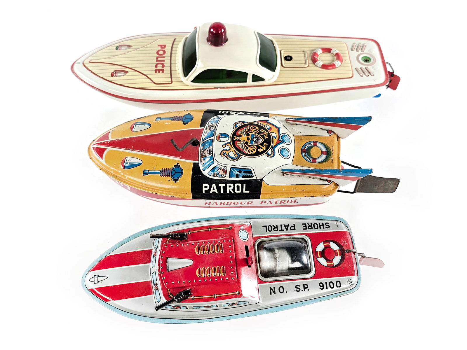 (3) Tin Windup & Batt. Op. Speed Boats Japanese & German
