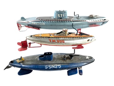 (3) Tin Windup Submarines Masudaya, Shinsei, San