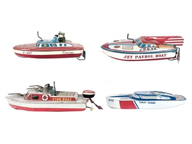(4) Tin Litho Windup Speed Boats Ohio Art/Usagiya/Japanese