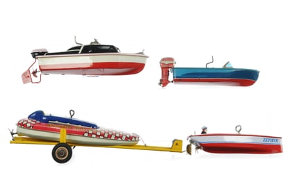 (4) Tin Litho Windup Speed Boats Ohio Art/Haji/Schylling