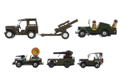 (6) Japanese Tin Military Vehicles Buddy L, Nomura TN, Etc.