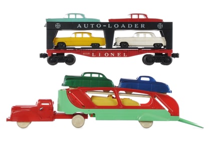 (2) Auto Haulers Lionel 6414 and Renwal with Vehicles