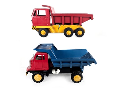 (2) Japanese Tin Friction Dump Trucks Nomura