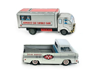 (2) Japanese Tin Vehicles Armored Car Bank & Corvair 95