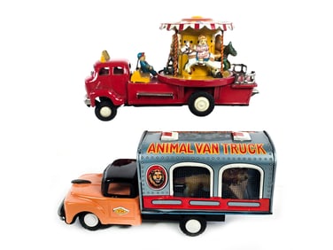 Nomura Merry Go Round & YH Animal Van Trucks Japanese Tin