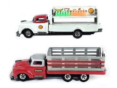 (2) Japanese Tin Fruit Juice Delivery & Stake Trucks