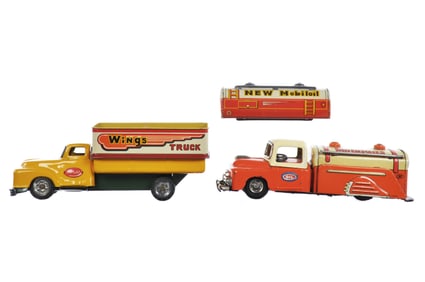 (2) Japanese Tin Friction Mobilgas Mobiloil Trucks