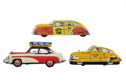 (3) Tin Litho Taxi Cabs Marx, Bandai, Lupor