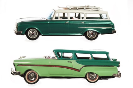 (2) Bandai Tin Litho Station Wagons Japanese Tin