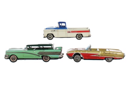 (3) Bandai Tin Friction Vehicles Wagon/Thunderbird/Chevy