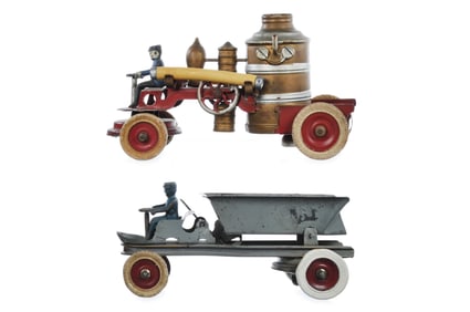 Kingsbury Pressed Steel Windup Fire Pumper & Dump Trucks