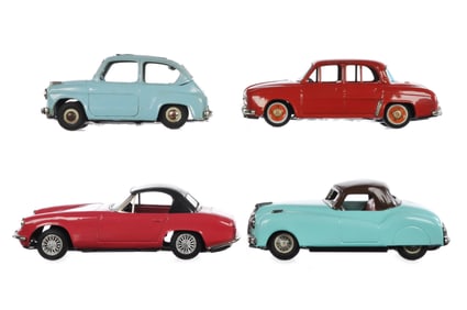 (4) Bandai Tin Friction Cars Fiat/Jaguar/Lotus/Renault