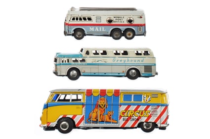 (3) Japanese Tin Friction VW Circus/Mail/Greyhound Buses