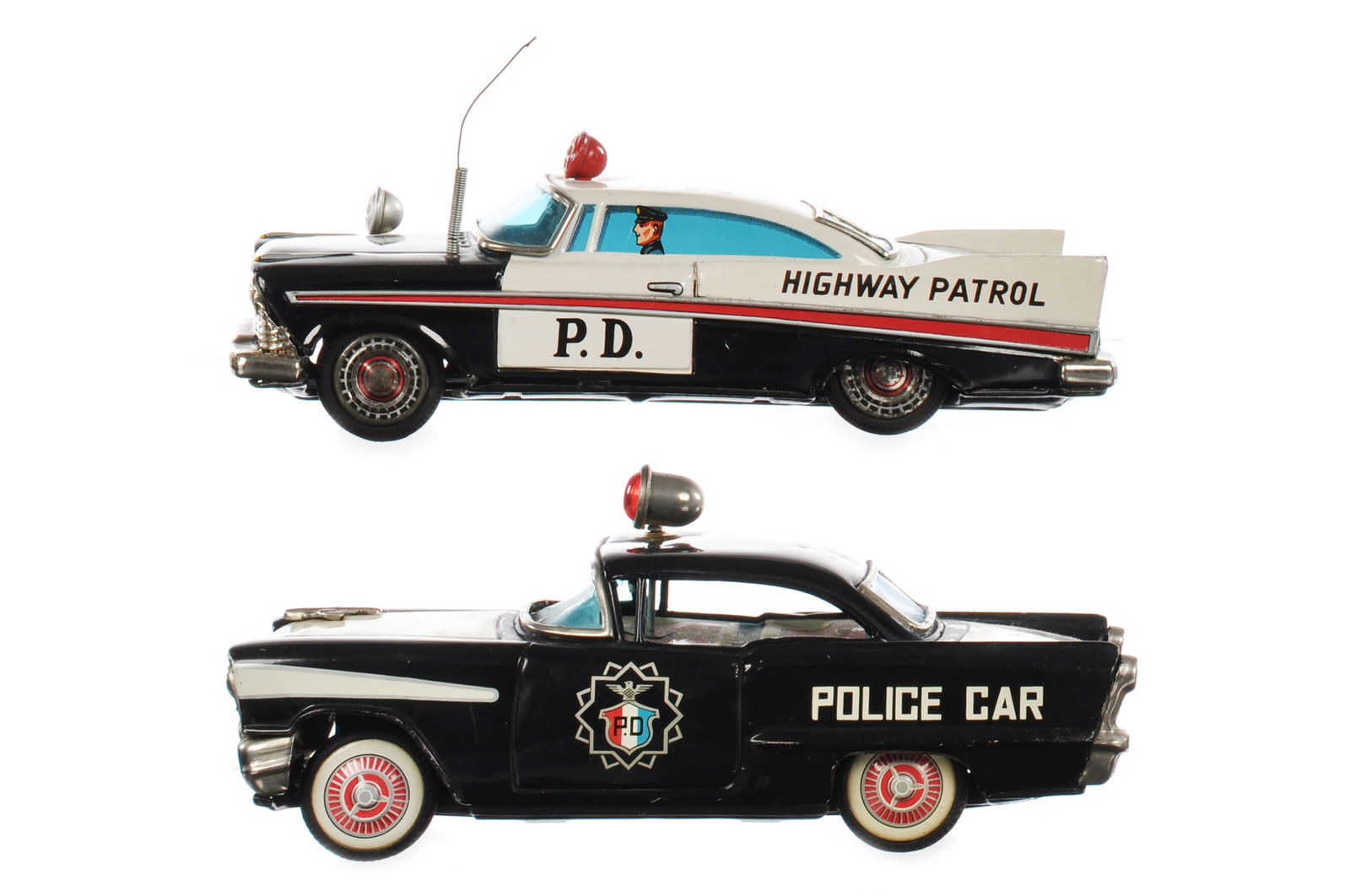 Rare Bandai Highway Patrol & Ichiko Oldsmobile Police Cars: Working Japanese tin friction set of 2 law enforcement cars: an Ichiko Oldsmobile Police Car and a rare Bandai Plymouth P.D. Highway Patrol car, both measuring approximately 8" L.