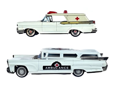 (2) Japanese Tin Friction Ambulance Station Wagons