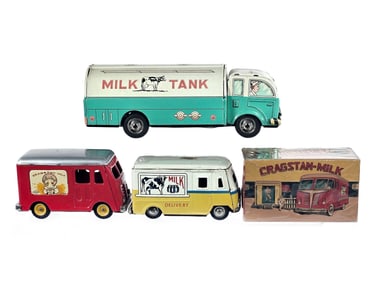 (3) Cragstan Japanese Tin Friction Milk Delivery Trucks w/Box