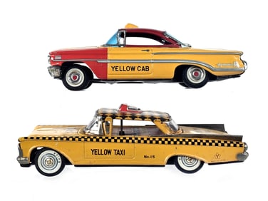 (2) Japanese Tin Friction Yellow Cab Taxis Yonezawa & Nomura TN