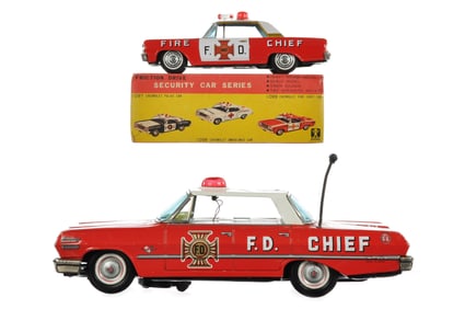 (2) Bandai Chevy Fire Chief Boxed & Okuma Impala Fire Chief Cars