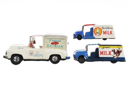 (3) Japanese Tin Litho Friction Ice Cream Trucks Bandai, Ichimura