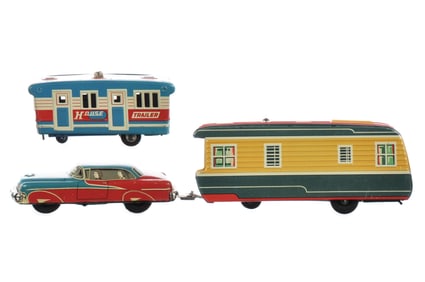 Yonezawa Camper & SSS House Trailer w/Sedan Japanese Tin