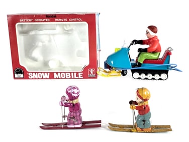 (3) Bandai Snow Mobile Boxed w/Chein & Schylling Skiers