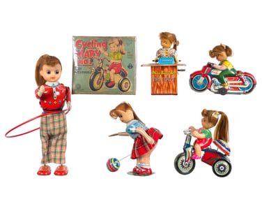 (5) Japanese Tin & Vinyl Windup Toys w/Box