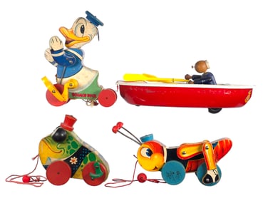 (4) Wooden Pull Toys Woodettes Popeye & Fisher-Price