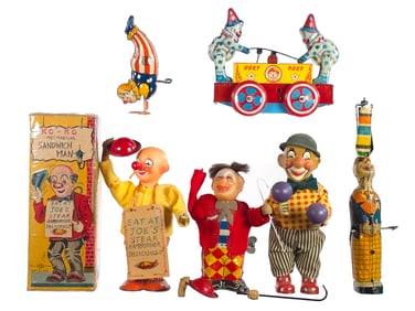 (6) Tin Windup Clowns Chein, Wyandotte, Japan